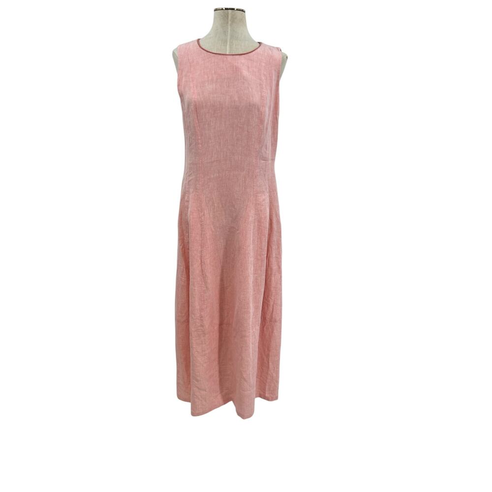 Lafayette 148 New York Pink Linen‎ Midi Dress Sleeveless Embellished Neck Size 8